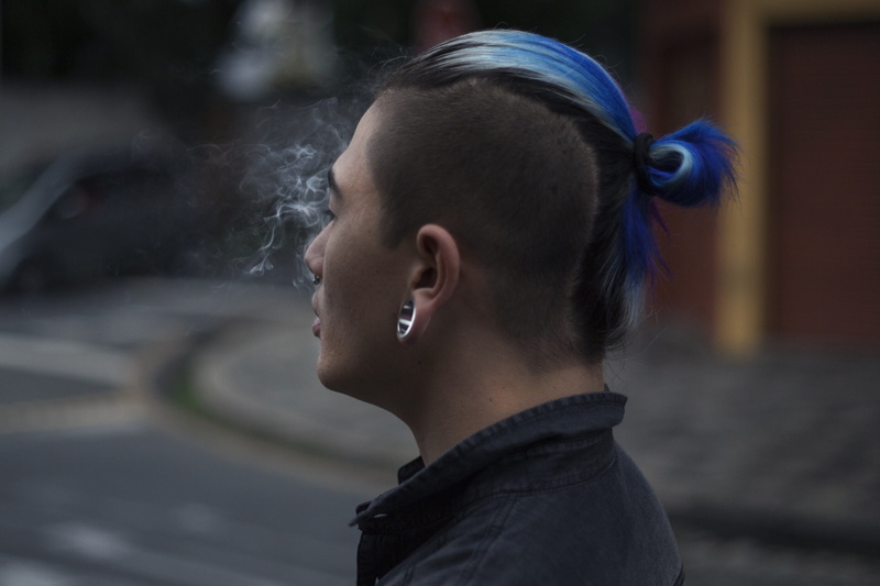 smoke, profile view, wearing, close-up, side view, top, childhood, real people, young men, children only, blue, child, photography, 4K, blue haired, street