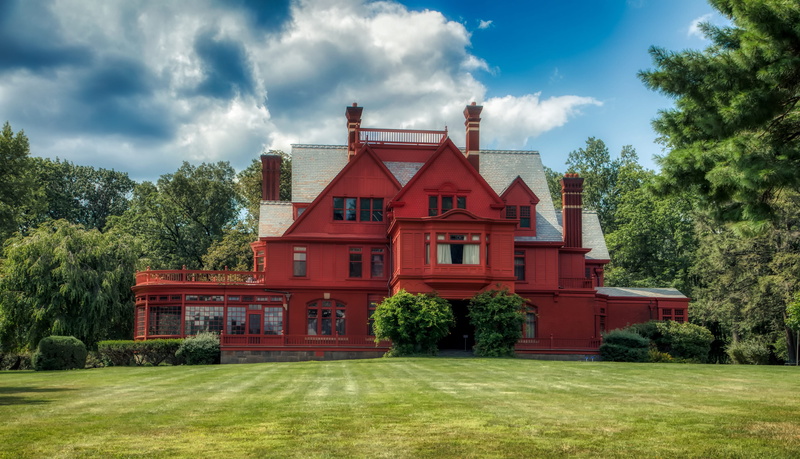 landmark, built structure, sky, building, lawn, outdoors, attractions, trees, historic, architecture, residential district, nature, facade, tree, woods