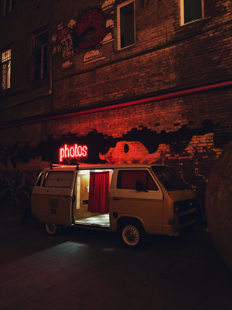 red, real people, abandoned, land vehicle, fabrika hostel, car, time, caravan, wall, people, photobooth, city, night life, mode of transportation, truck