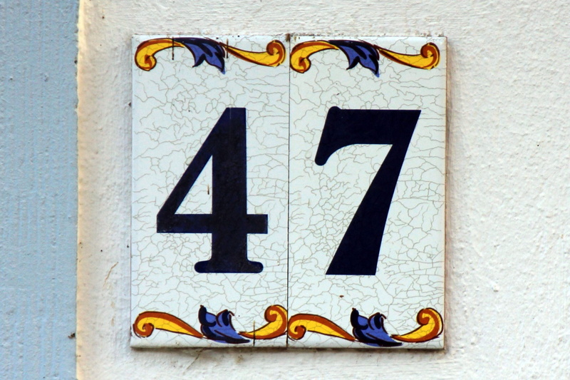number, house number, forty seven, sign, 1080P, text, western script, multi colored, building exterior, wall - building feature, art and craft, representation