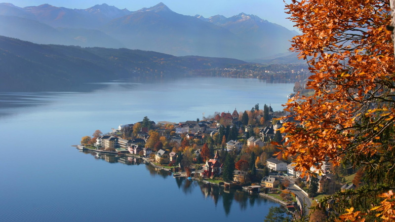 autumn, town, lake, 1080P, tree, beautiful, river, austrian, mountains, beside, houses, nature and landscapes, photo