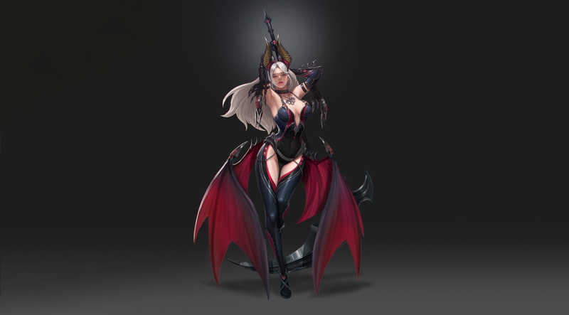 Hyungseok Yang, Illustration, Wings, Figure, Girl, Fantasy, Style, Character, Bat, 4K, Minimalism, Scythe, Art