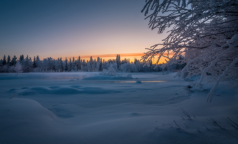 River Äkäsjoki, Lapland, Finland, forest, trees, river, 1080P, sunset, winter, snow