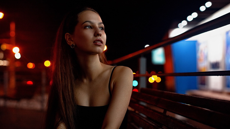 black tops, depth of field, model, women outdoors, women, sitting, face, earring, lights, looking into the distance, bench, 1080P, portrait, photography