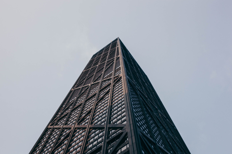 john hancock center, architecture, low angle, 5K, triangle, chicago, outdoors, building exterior, tower, grey, no people, skyscraper, black, city, structure
