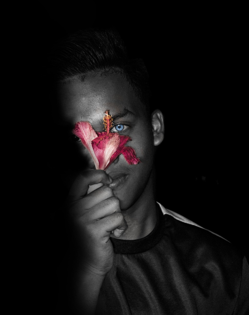 epic, body part, front view, decoration, human body part, blood, obscured face, portrait, floral, headshot, leisure activity, black white, adult, hand