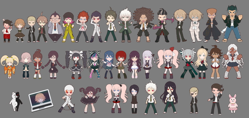 uniform, tie, blush, chain, maid, 2K, banchii, monokuma, weapon, boots, scar, shorts, necklace, glasses, cleavage, dangan ronpa, computer, sword, hat