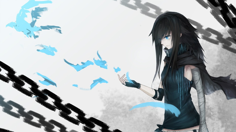1080P, chain, bandage, original, long, hair, black, eyes, blue, mek