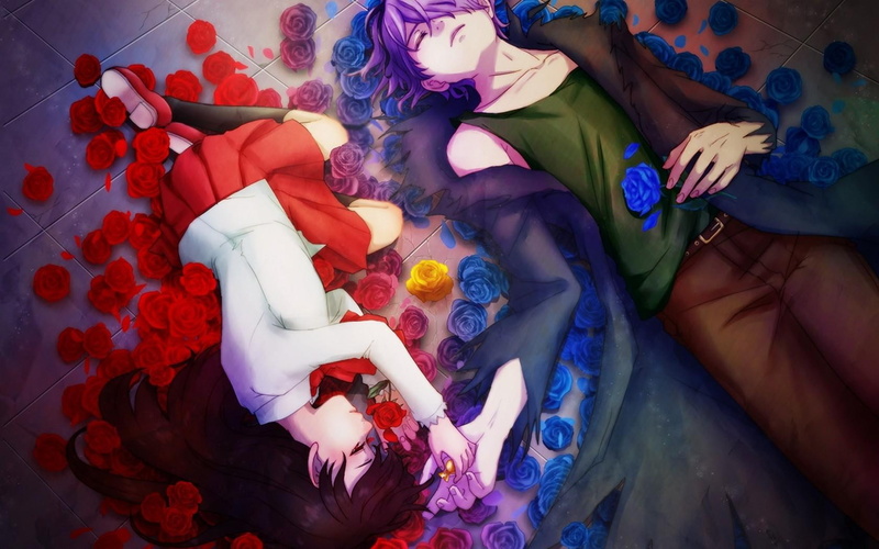 sweet, couple, flowers, flower, cute, red-roses, blue-roses, nice, anime, garry, anime-girl, male, beauty, 720P, female, ib, game