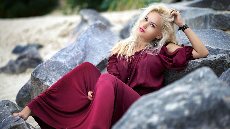 depth of field, hands on head, blue eyes, bare shoulders, model, women, hands in hair, long hair, barefoot, looking at viewer, purple dresses, open mouth