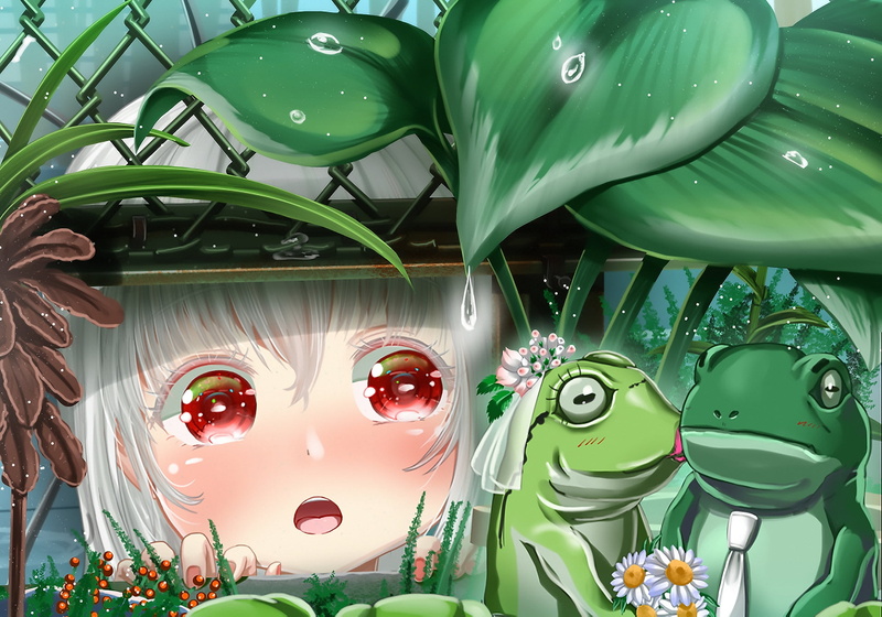 highlights, blushing, short hair, frog, water drops, digital art, rain, makeup, kissing, painted nails, plants, white hair, red eyes, anime, 1080P, daisies