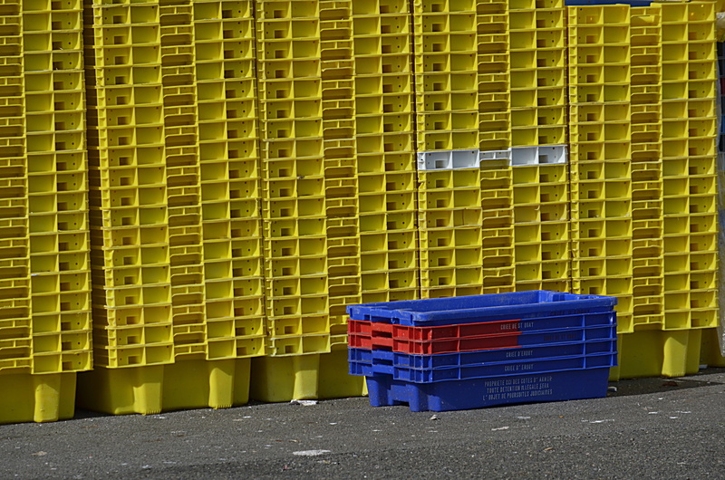 box, architecture, blue, factory, day, no people, side by side, pattern, stack, garbage bin, wharf, stacking, outdoors, crates, auction, arrangement, colors