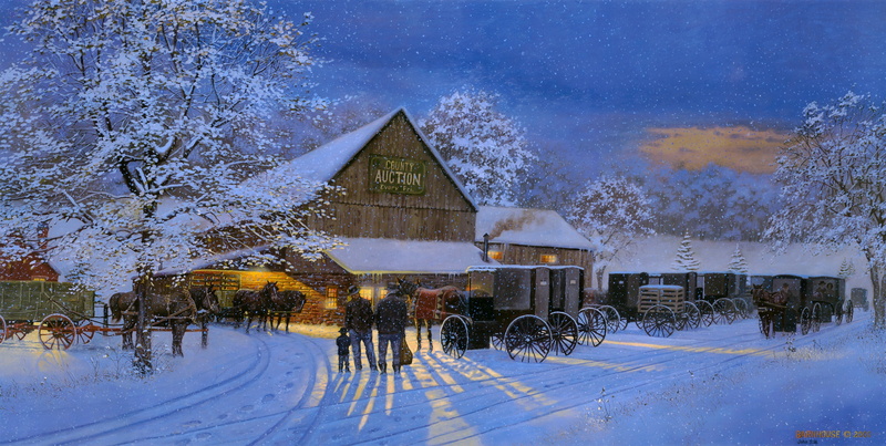 covering, transportation, Dave Barnhouse, winter, carts, plant, building, snowing, no people, tree, sky, 2K, scenics - nature, County Auction, horses