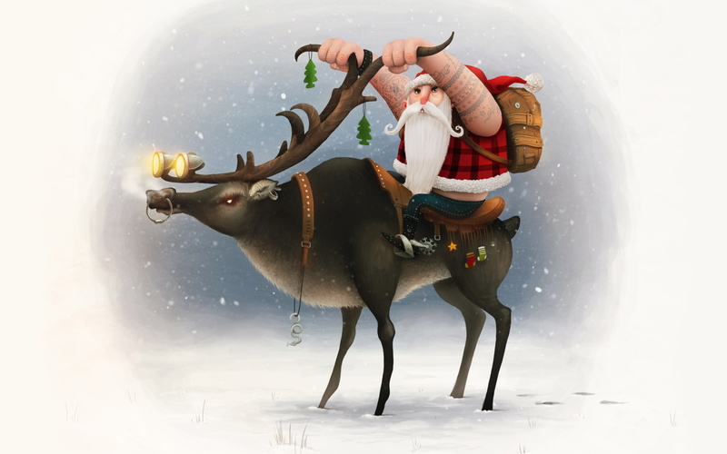 1080P, Santa Clause, Santa Claus, horns, biker, snow, New year, deer, background, Happy New Year