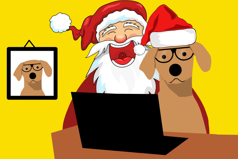 communication, home, claus, 2019, christmas, frost, merry, men, eve, xmas, dog, positive emotion, suit, cartoon, present, cheerful, celebration, 2K, males