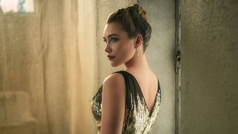 gold dress, 1080P, Florence Pugh, actress, women, blonde, indoors