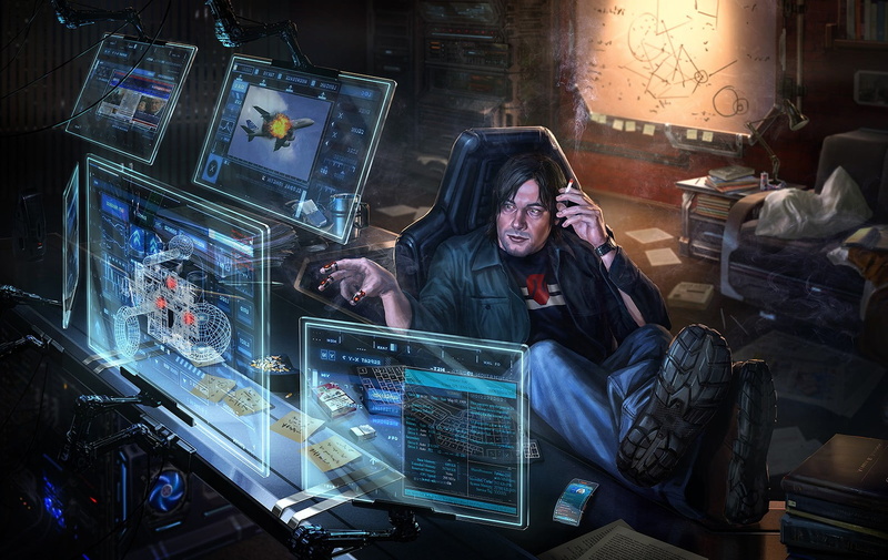 front view, pointing, one person, hood - clothing, working, Shadowrun, chair, man, connection, sitting, young women, adult, looking, men, clothing
