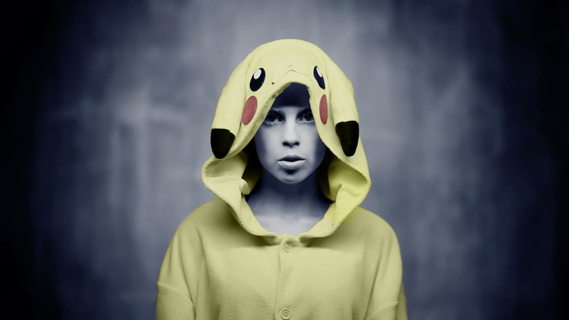 blue, front view, helmet, hood - clothing, fun, Pokémon, indoors, Yolandi Visser, emotion, standing, blue background, headshot, Die Antwoord, colored background