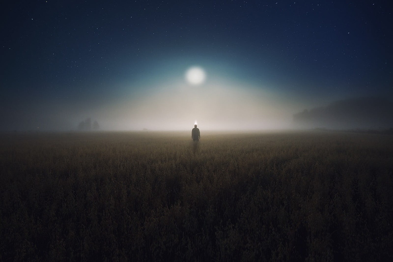 standing, astronomy, nature, land, environment, sky, night, beauty in nature, mist, tranquility, electronic, plant, black, men, moon, field, 720P, landscape