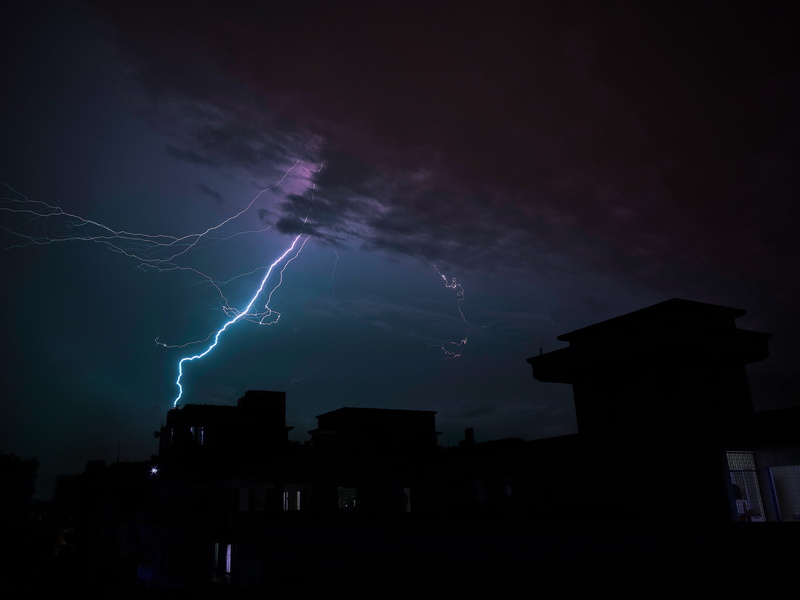 silhouette, storm cloud, sign, lightning, illuminated, storm, power, sullen, overcast, beauty in nature, dark, ominous, warning sign, houses, moonlight