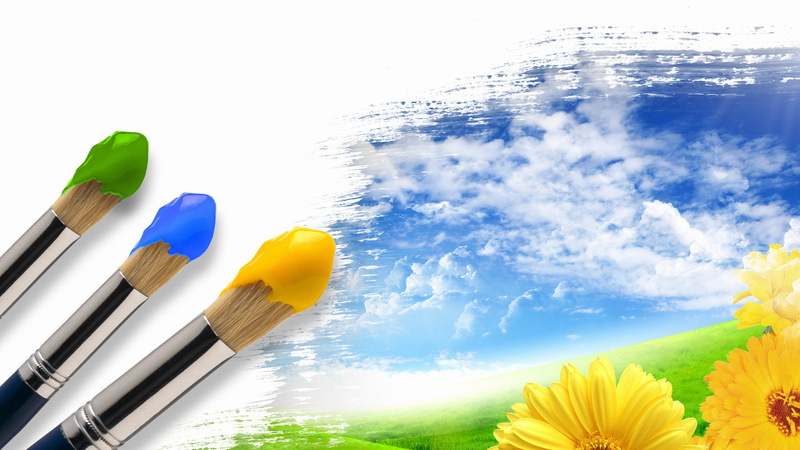 paintbrush, blue, outdoors, art and craft, artwork, yellow, brushes, green color, sky, beauty in nature, no people, brush, 2K, three, gray, flowering plant
