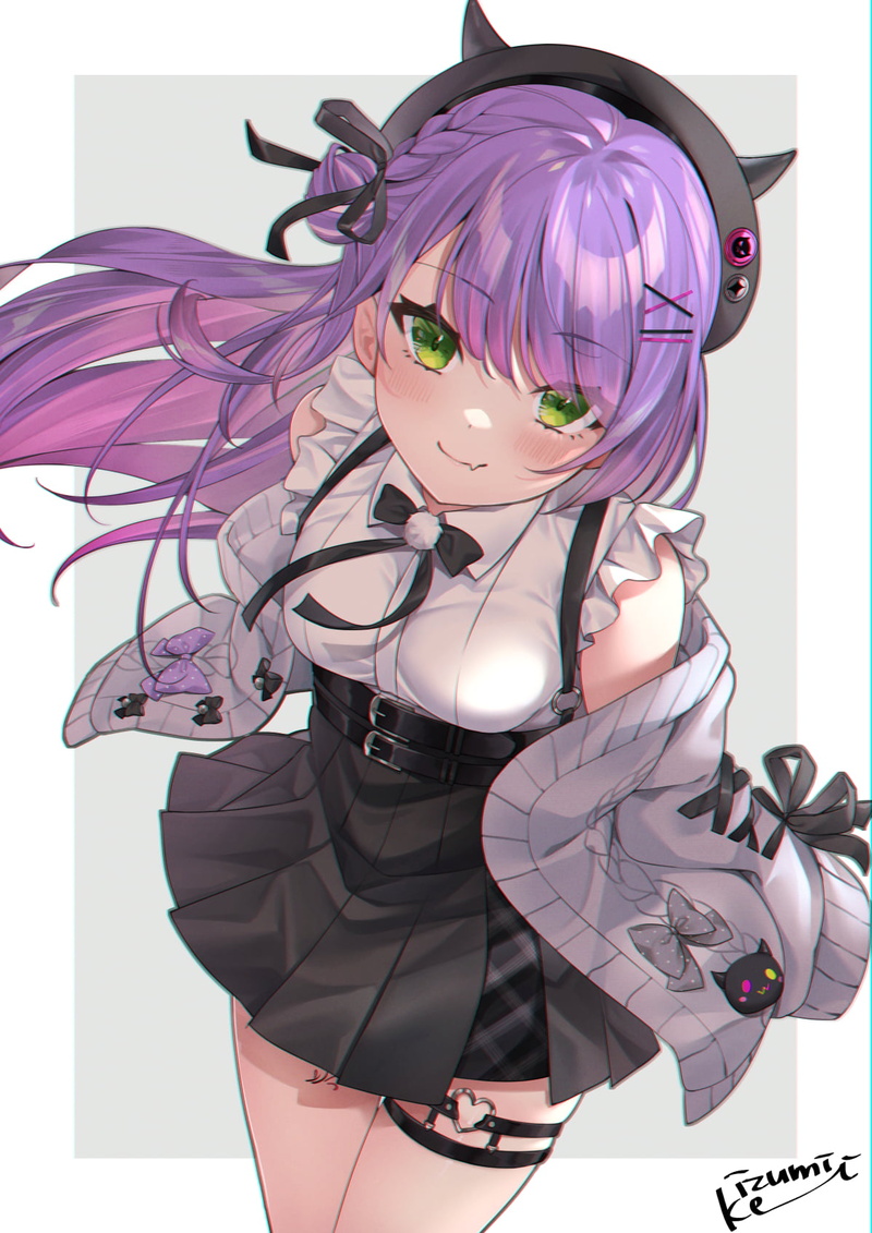smiling, Hololive, purple hair, skirt, Tokoyami Towa, 720P, anime girls, Izumi Kei