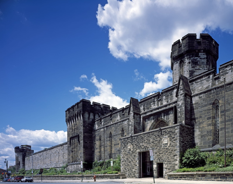 architecture, day, ruined, old, walls, city, low angle view, building exterior, stone, blue, building, built structure, travel destinations, eastern state penitentiary