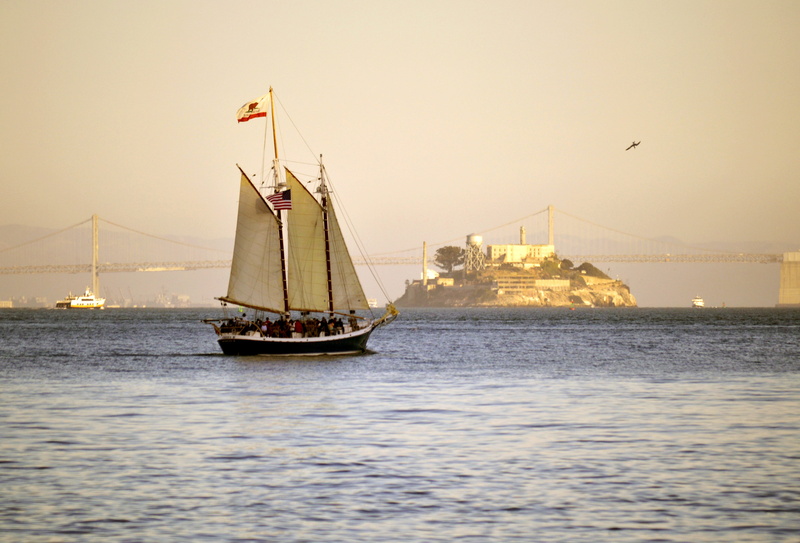 sail, outdoors, prison, sunset, sausalito, sailboat, pacific, alcatraz, architecture, mode of transportation, late, california, nautical vessel, travel