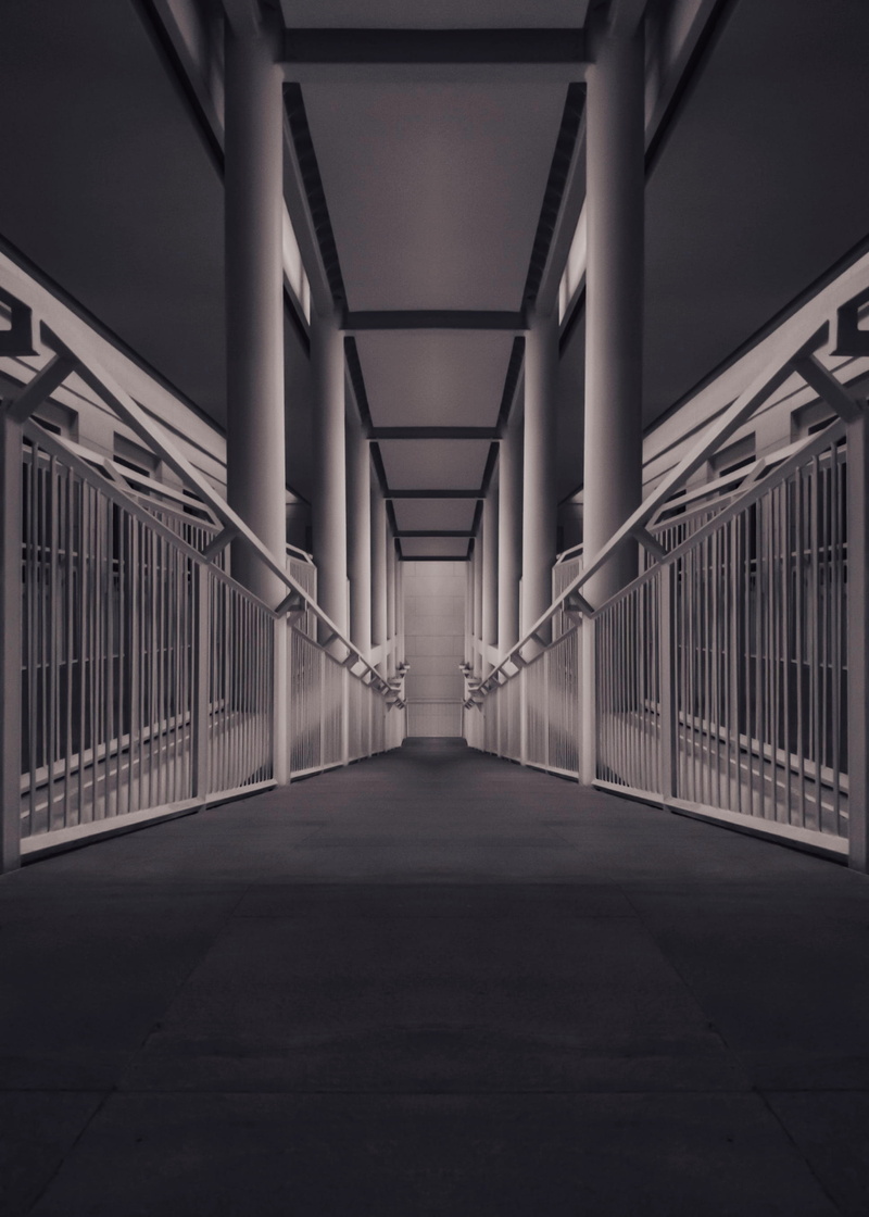 hall, lighting, prison, flooring, pattern, handrail, 2K, pathway, art, floor, photography, footbridge, metal, ceiling, banister, building, sepia, connection