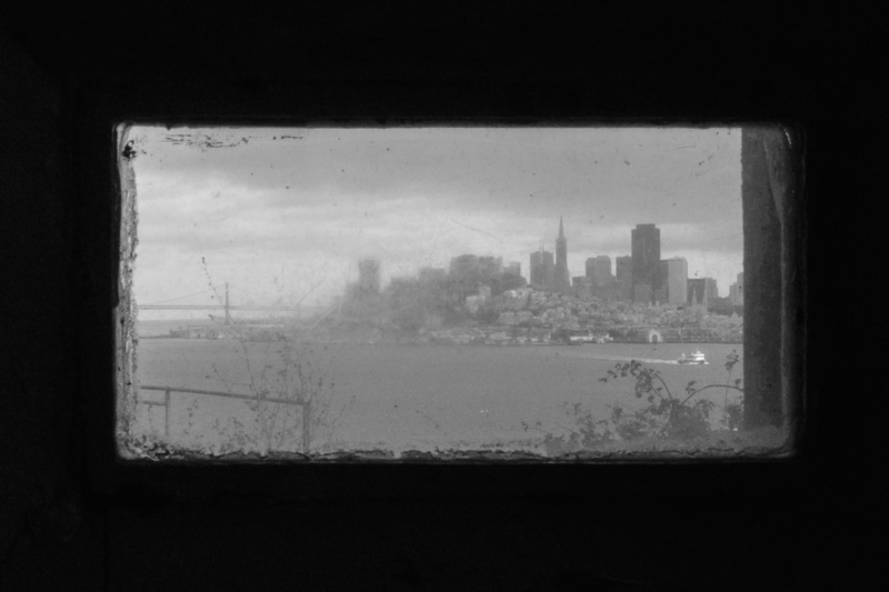 city, history, old photos, 2K, glass, dirt, monochrome, prison, ship, building, skyscraper, cityscape, window, sea, San Francisco, Alcatraz, trees, USA