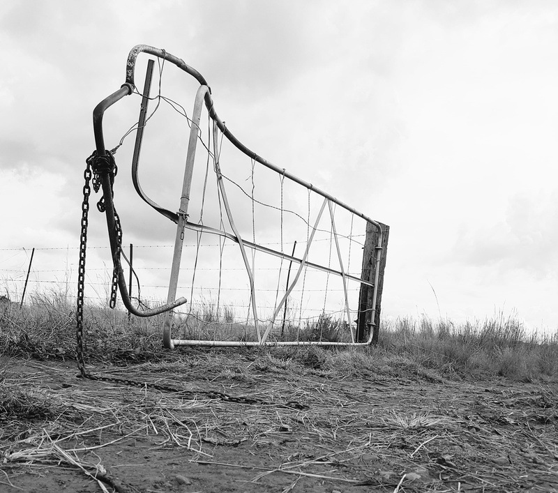 landscape, damaged, grass, steel, fence, playground, absence, monochrome, land, expression, sky, outdoors, outdoor play equipment, photo, empty, wire, grayscale