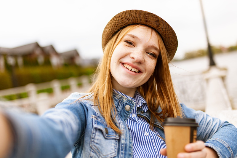 blue, portrait, young adult, woman, connection, relaxation, pretty, emotion, picture, girl, freckles, photo, fedora, summer, holding, happiness, mobile phone