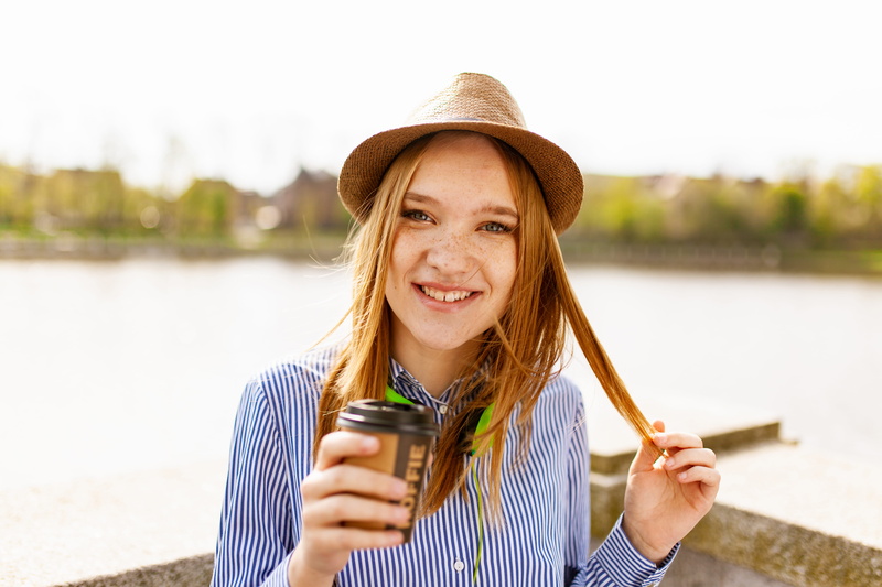 vacation, girl, young adult, casual, cup, body, headshot, beautiful, enjoyment, plastic, blue, holding, hat, pose, smile, picture, photo, emotion, lifestyle