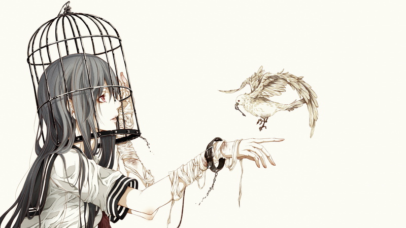 Original Characters, Cages, Anime Girls, School Uniform, 5K, Birdcage, birds, Bandage