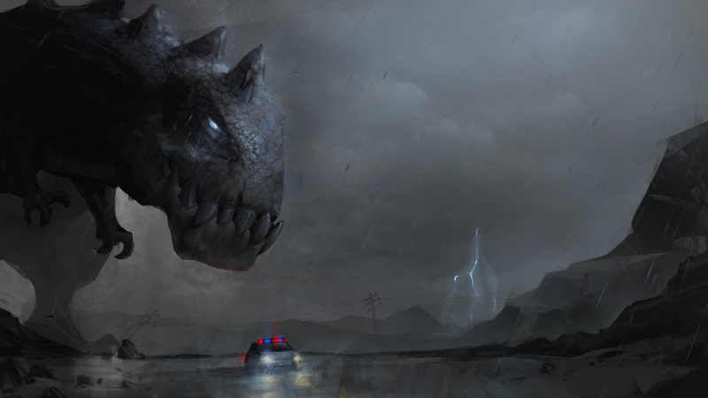 police cars, no people, tourism, landscape, art and craft, water, Headlights, dinosaurs, rock formation, concept art, outdoors, solid, digital composite