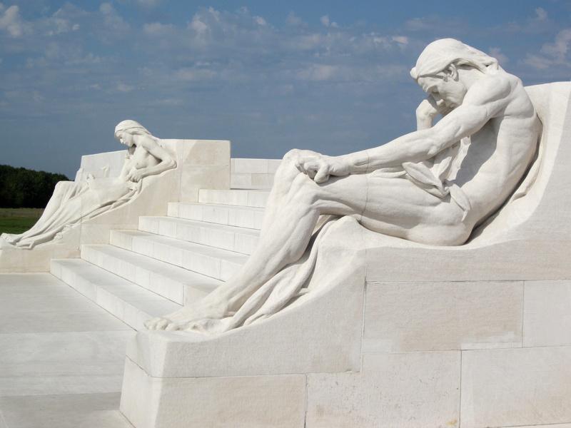 sculpture, war, craft, monument, france, the past, female likeness, vimy ridge, sky, architecture, statue, male likeness, representation, nature, vimy monument