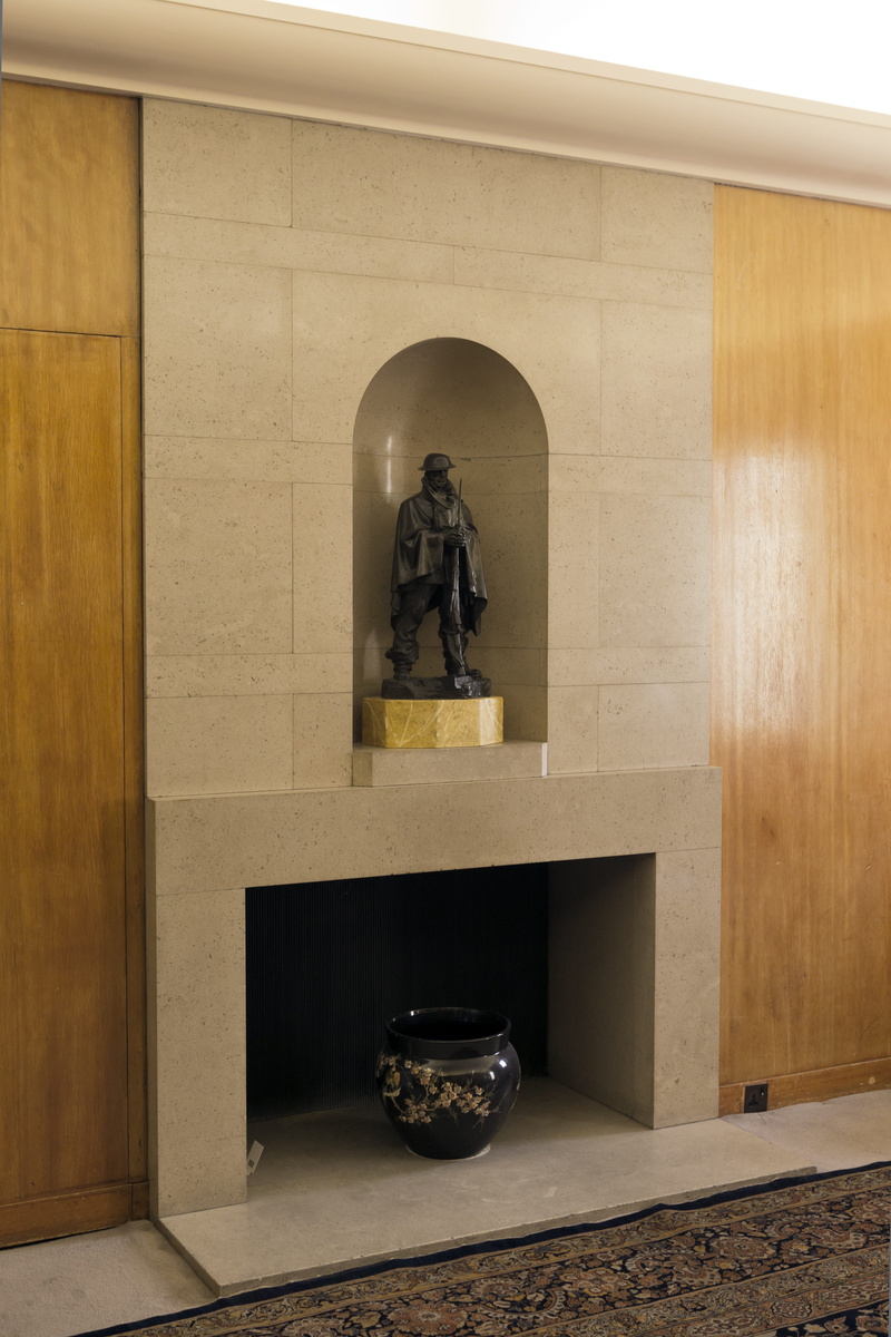 study, history, building, bronze statuette ww1 soldier, indoors, statue, male likeness, representation, religion, belief, eltham palace, the past, human representation