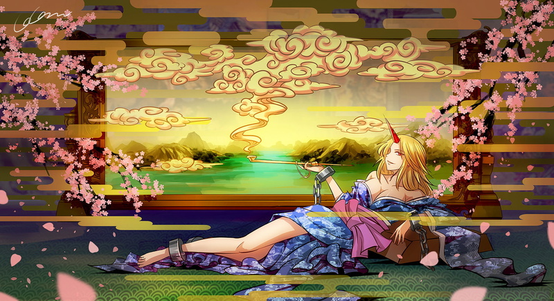 cleavage, kimono, signed, japanese, hair, horns, hoshiguma, touhou, madcocoon, smoking, eyes, 720P, clothes, yuugi, cherry, red, blossoms, handcuffs, blonde