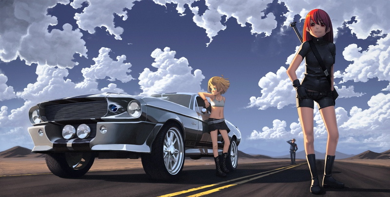 sky, land vehicle, cloud - sky, teenager, people, mode of transportation, emotion, child, nature, anime girls, 1080P, minidress, girls, blonde, outdoors