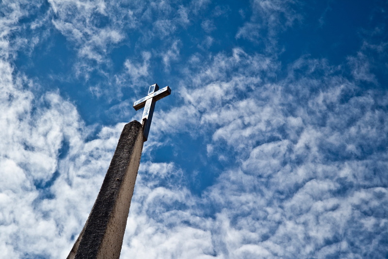 outdoors, built structure, jesus, no people, crucified, prayer, christ, mid-air, cruz, catholics, transportation, directly below, church, forgiveness, blue