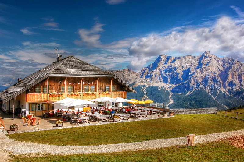 mountain, building, people, sky, alpine, cloud - sky, alm, south tyrol, panorama, relax, alta badia, beauty in nature, sunny day, mountain range, trail