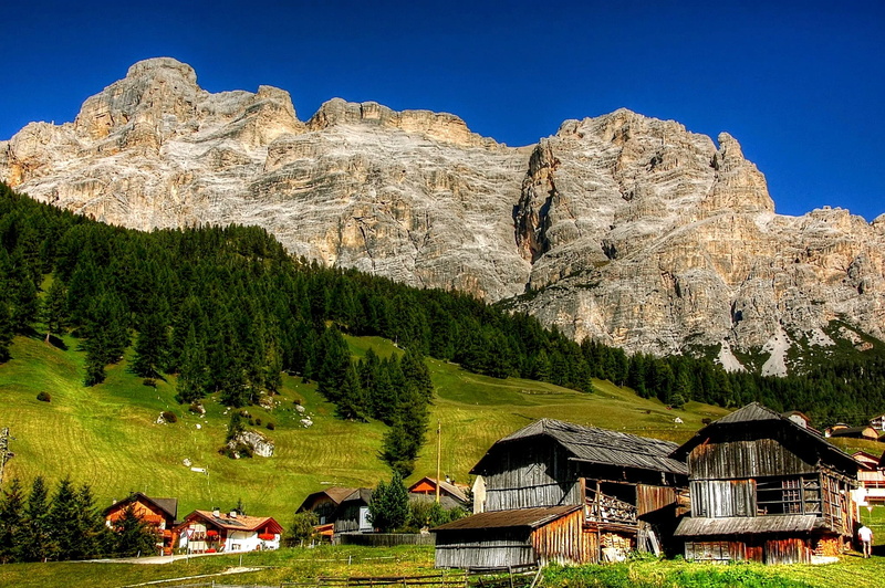 building exterior, rest, italy, plant, blue, scenics - nature, rubble field, view, travel destinations, 1080P, st kassian, alm, grass, unesco world heritage
