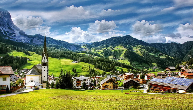 house, outdoors, no people, mountain range, mountains, valley, grass, st leonhard, clouds, 2K, scenics - nature, farm, dolomites, near, alpenpanorma, panorama