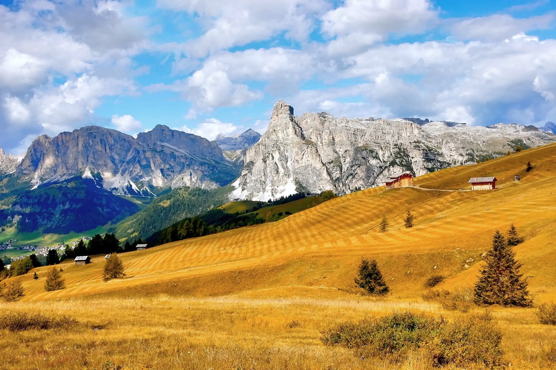 environment, sky, beauty in nature, italy, hiking tour, alta badia, scenics - nature, day, formation, sunny day, landscape, dolomites, hut, snowcapped mountain