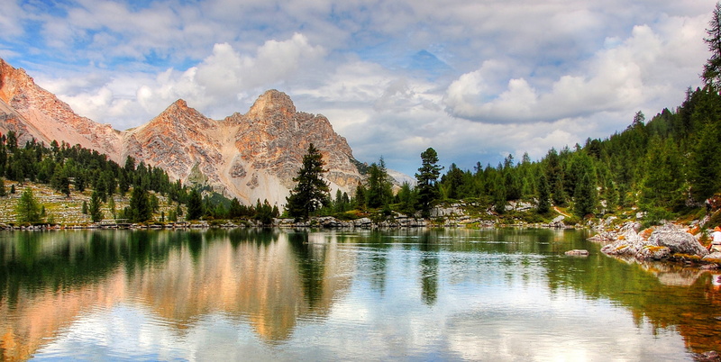 lake, water, nature, italy, pine tree, coniferous tree, hiking, waterfront, steinig, alm, dolomites, reflection, tranquil scene, holiday, beauty in nature