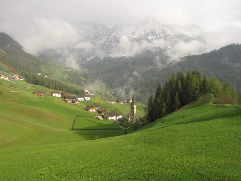 no people, wall farm ciablun, la val, dolomites, tree, nature, tranquility, day, outdoors, land, fog, mountain range, grass, non-urban scene, mountain