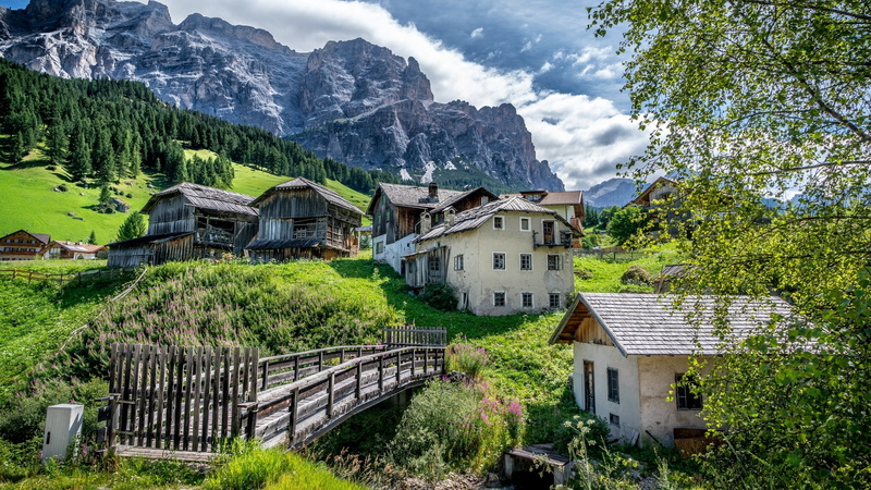 1080P, South Tyrol, the bridge, San Cassiano, Dolomites, Badia, village, The Dolomites, slope, mountains, Alta Badia, Italy, home