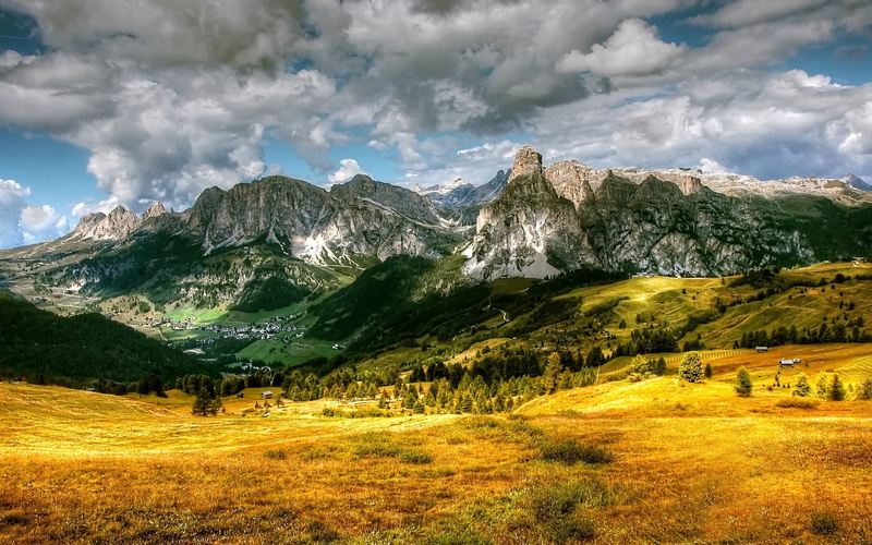 no people, land, green color, scenics - nature, valley, alpine panorama, mountains, italy, clouds, grass, scenics, sky, dolomites, green, blue, mountain peak