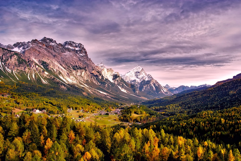 environment, tree, woods, mountain range, snowcapped mountain, winter, village, 1080P, cloud - sky, trees, beautiful, mountain, valley, clouds, mountain peak