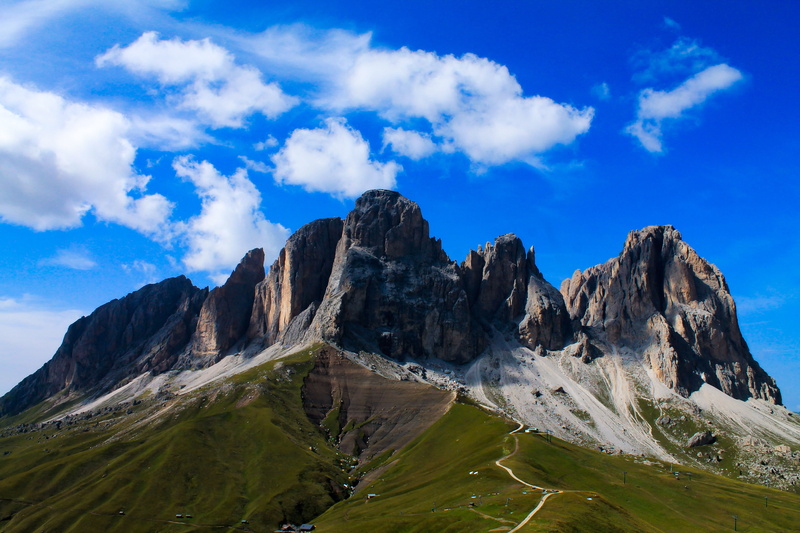 mountain range, formation, tranquility, sky, tn, natural, daytime, shadow, beauty in nature, dolomites, landscape, passo sella, plateau, campitello di fassa
